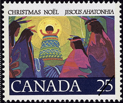 Canada Post stamp, issued Oct. 26, 1977, based on explorer/priest Father Jean de Brébeuf’s 1641 Huron Confederacy carol ‘Jesous Ahatonhia’