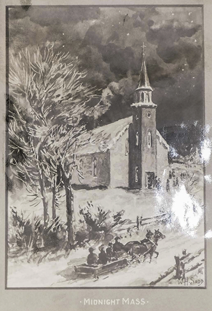 "Midnight Mass" by Manotick painter W.H. Sadd. circa 1920, features St. Brigid's Roman Catholic Church on River Road.